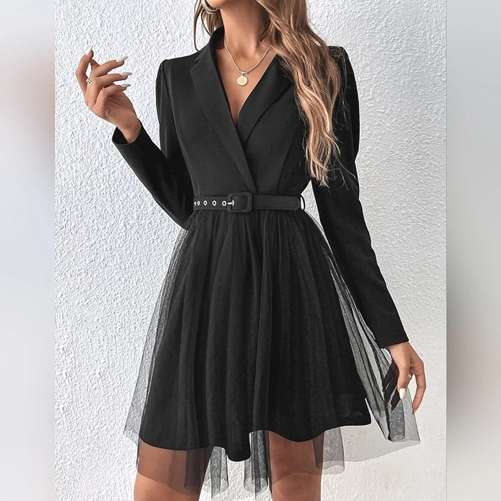 * New Chic Belted Blazer Tulle Skirt Dress Black